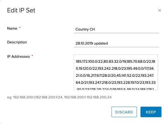Erstellen Sie unter "IP Sets" ein neues länderspezifisches IP-Set und fügen Sie die kopierte Liste unter IP Addresses ein