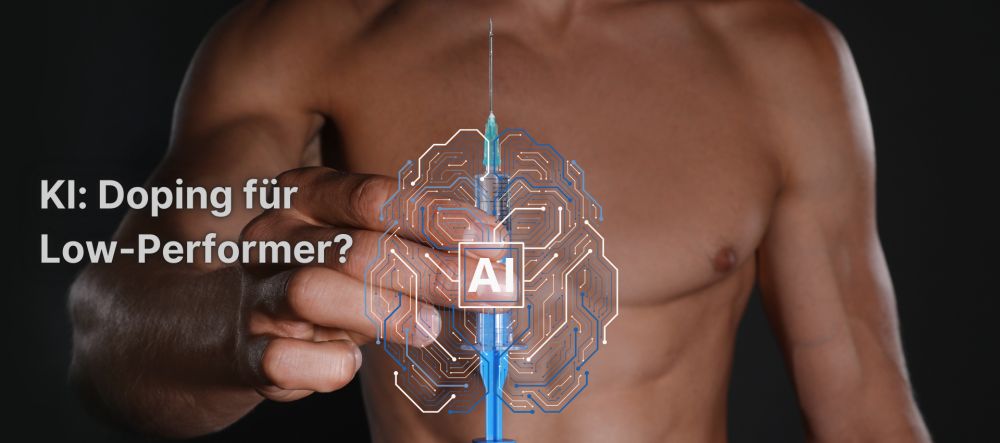Muskulöser Oberkörper hält eine Spritze mit leuchtendem AI-Symbol – Symbolbild zur Frage: 'KI: Doping für Low-Performer?