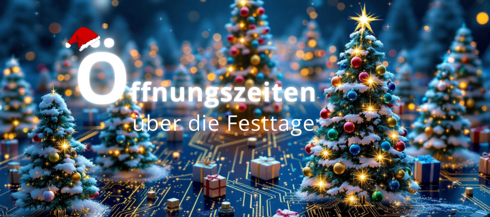 Weihnachtlich gestaltetes Bild mit mehreren dekorierten Weihnachtsbäumen und Text, der die Support-Öffnungszeiten für Weihnachten und Silvester 2025/26 anzeigt; der Pikettdienst ist als 24/7